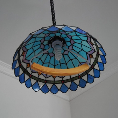 Stained Glass Umbrella Pendant Lighting with Swirl Cord Study Room Tiffany Vintage Hanging Light in Blue