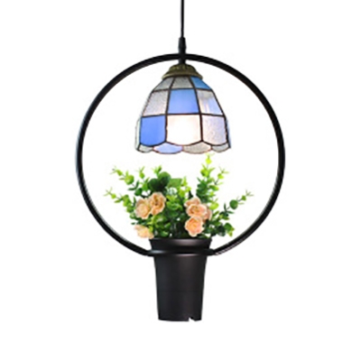Tiffany Rustic Colorful Ceiling Light with Flower Pot 1 Light Glass Metal Hanging Lamp for Bar