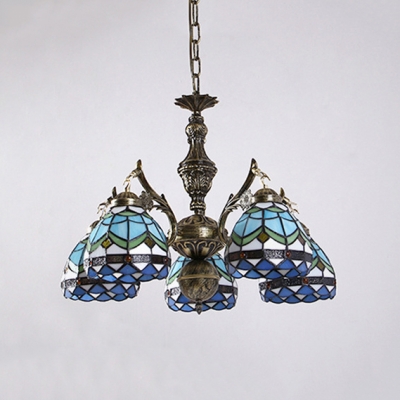 Tiffany Style Dome Chandelier 5 Lights Stained Glass Hanging Light for Dining Room