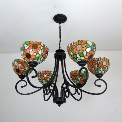 Tiffany Style Rustic Chandelier Sunflower 6 Lights Stained Glass Ceiling Lamp for Restaurant Balcony