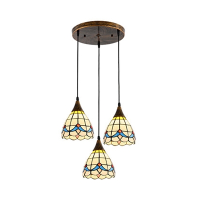 Tiffany Traditional Domed Hanging Light 3 Lights Glass Ceiling Pendant in Aged Brass for Cafe