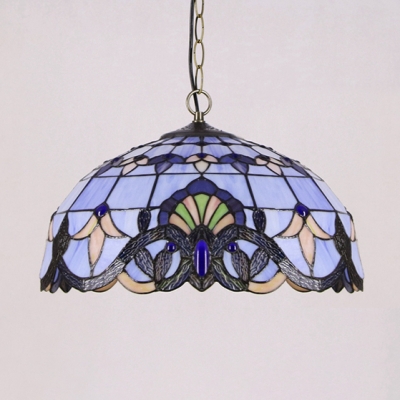 Tiffany Victorian Blue/White Pendant Light Dome Shade 1 Light Stained Glass Hanging Lamp for Bedroom