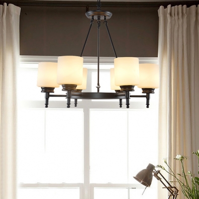 Traditional Black Suspension Light Cylinder Shade 3/6 Lights Metal Chandelier for Foyer Bedroom