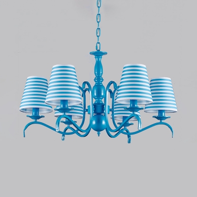 Traditional Blue/White Hanging Lamp with Tapered Shade 6 Lights Metal Chandelier for Dining Room