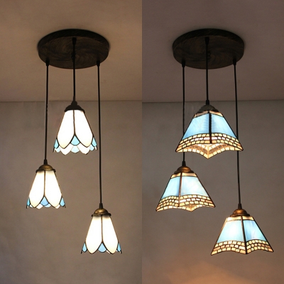 Traditional Cone/Craftsman Pendant Lamp Glass 3 Lights Blue/White Hanging Light for Dining Room