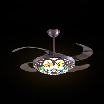 Victorian Dome LED Ceiling Fan with Invisible Blade Stained Glass Remote Control Semi Flushmount Light for Living Room