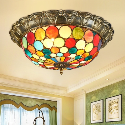 Villa Bowl Shade Ceiling Lamp with Small Dot Stained Glass Tiffany Antique Flush Mount Light