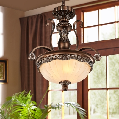 Vintage Style Dome Chandelier 3 Lights Fluted Frosted Glass Hanging Lamp for Dining Room