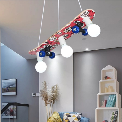 Wood Skateboard LED Hanging Light 3 Heads Creative Suspension Light in Red/White for Child Bedroom