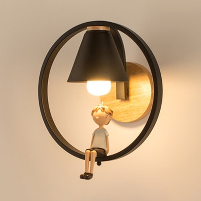 1 Light Ring Wall Light with Bird/Boy/Embracing/Girl Contemporary Metal Sconce Light in Black for Bedroom