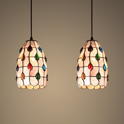 2 Lights Grid Shade Hanging Light Tiffany Rustic Shell Pendant Light in Beige for Living Room