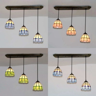 3 Heads Grid Dome Pendant Light Nautical Style Glass Pendant Lamp in Blue for Dining Room