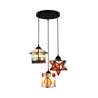 3 Heads Mashup Hanging Light Tiffany Style Stained Glass Ceiling Pendant for Dining Room