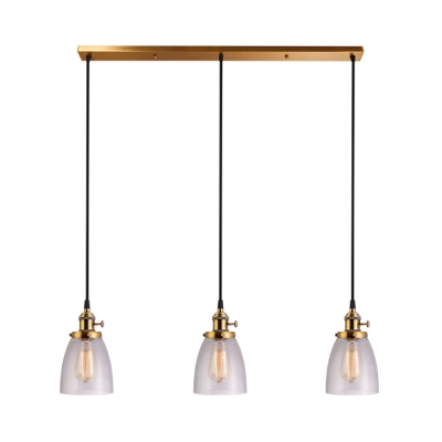 3 Lights Dome Island Fixture Industrial Glass Linear/Round Canopy Hanging Lamp in Brass for Hallway