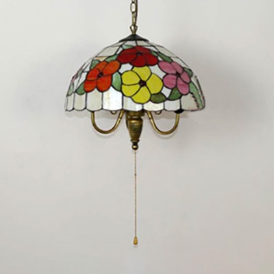3 Lights Flower/Grape Suspension Light Rustic Stained Glass Pendant Lamp with Pull Chain for Bedroom