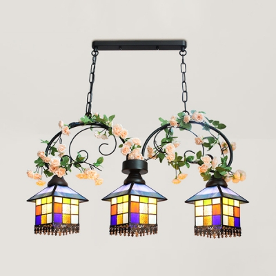 3 Lights House Chandelier Rustic Stained Glass Hanging Light with Flower for Restaurant Hotel