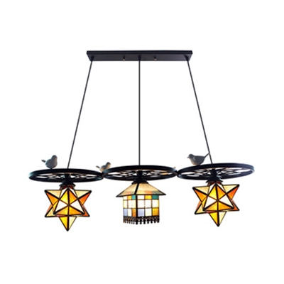 3 Lights Suspension Light with Bird and Wheel Tiffany Antique Glass Hanging Lamp for Bar