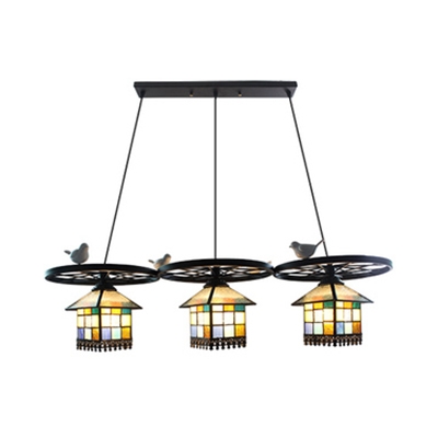 3 Lights Suspension Light with Bird and Wheel Tiffany Antique Glass Hanging Lamp for Bar