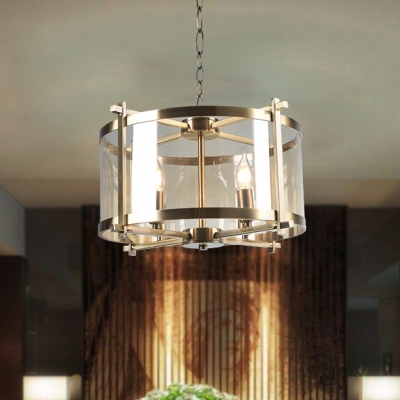 4 Lights Drum Chandelier Colonial Style Clear Glass Pendant Light with Candle in Brass for Hotel