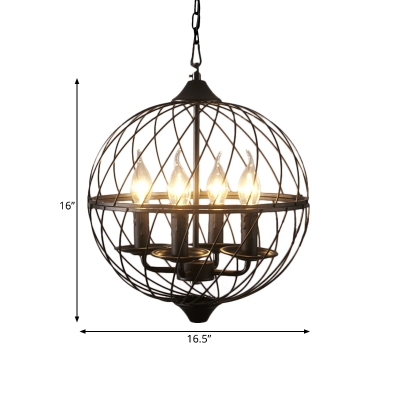 4 Lights Wire Frame Chandelier with Candle Traditional Metal Hanging Light in Black for Shop