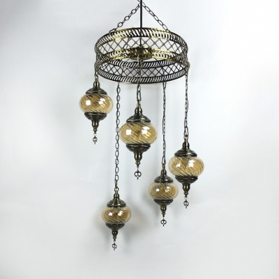 5 Lights Lantern Chandelier Vintage Style Swirl Glass Ceiling Pendant in Amber for Restaurant
