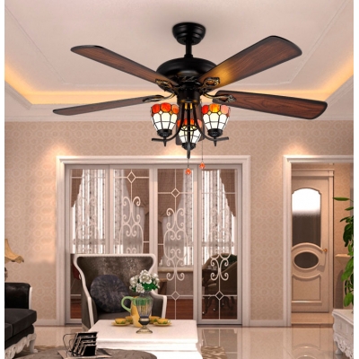 52 Inch Antique Ceiling Light with Pull Chain 3 Lights Wood Ceiling Fan with Pull Chain for Restaurant
