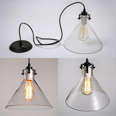 Clear Glass Funnel Hanging Light Foyer 1 Light Antique Style Ceiling Pendant with Black Canopy