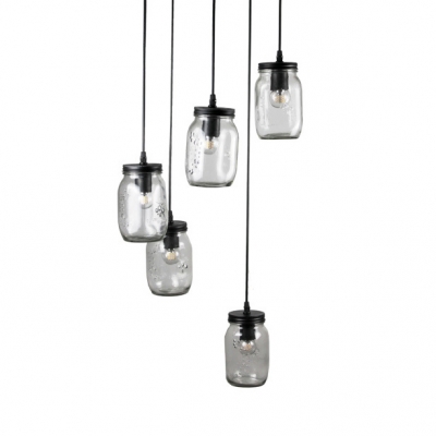 Black Jar Hang Light with Cord/Chain 5 Lights Vintage Style Ripple Glass Ceiling Light for Bar
