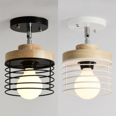 Rotatable Black/White Semi Flush Light with Wire Frame 1 Head Metal Ceiling Light for Corridor