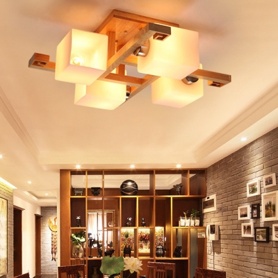 Square Living Room LED Ceiling Mount Light Frosted Glass Wood Japanese Style Flush Light in Beige