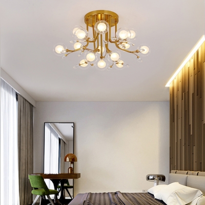Glass Spherical Semi Flush Ceiling Light with Crystal 6/15/20 Lights Contemporary Ceiling Fixture in Gold for Study Room
