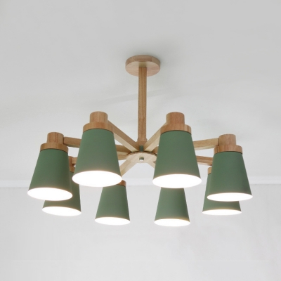 6/8 Lights Tapered Shade Pendant Light Modern Wood Chandelier in Green for Living Room