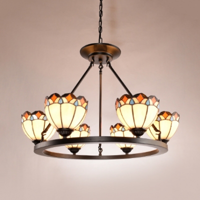 6 Lights Dome Suspension Light Tiffany Style Antique Stained Glass Chandelier for Shop
