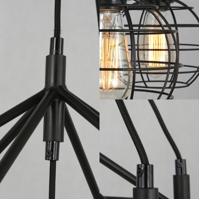 Antique Style Globe Cage Ceiling Light 7 Lights Metal Hanging Lamp in Black for Dining Room