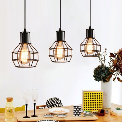 Antique Style Wire Frame Pendant Lamp 3 Lights Metal Hanging Light in Black for Dining Room