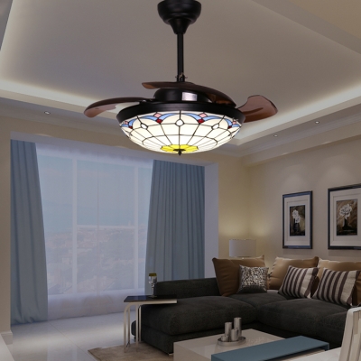 Art Glass Grid Bowl Ceiling Fan with 3 Blade Bedroom Tiffany Stylish Semi Flush Ceiling Light in White