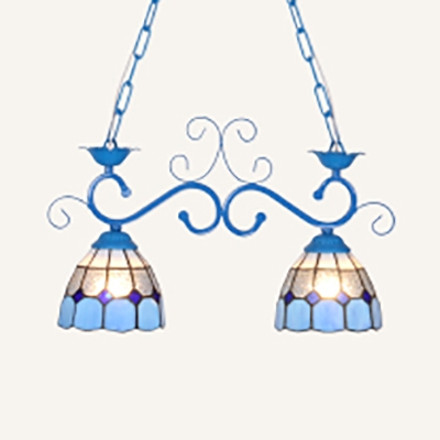 Balcony Stair Dome Chandelier Glass 2 Lights Tiffany Style Black/Blue/White Pendant Light