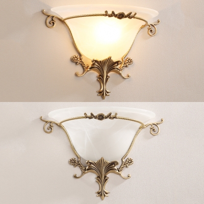 Bedroom Bell Shade Wall Light Frosted Glass 1 Light Colonial Style White Engraved Sconce Light