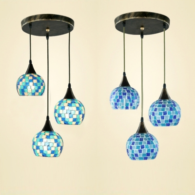 Bedroom Globe Pendant Light Stained Glass 3 Heads Mediterranean Style Blue Ceiling Pendant