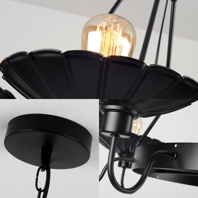 Black Scalloped Edge Pendant Lamp 8 Lights Industrial Bare Bulb Chandelier for Dining Room