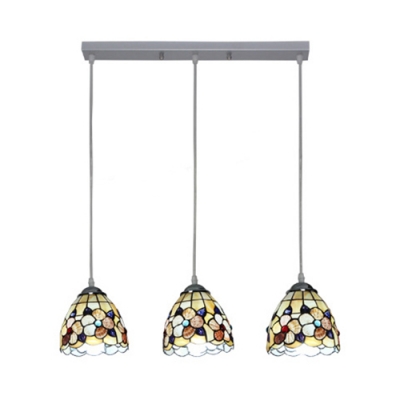 Black/Silver Canopy Pendant Light with Flower 3 Lights Tiffany Antique Stained Glass Hanging Light for Cafe