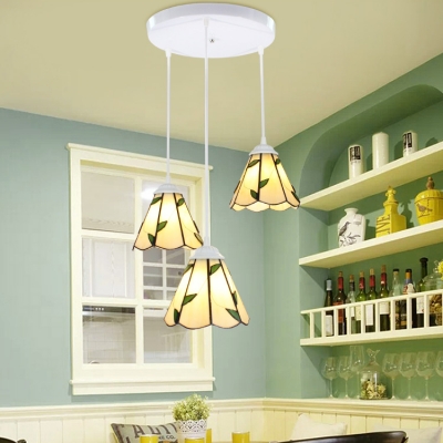 Cafe Cone/Grid Bowl Ceiling Pendant Glass 3 Lights Tiffany Style Suspension Light
