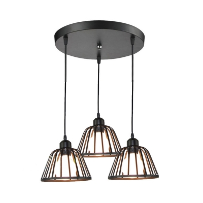 Cafe Dome Caged Pendant Light Metal 3 Lights Industrial Black Hanging Lamp with Linear/Round Canopy