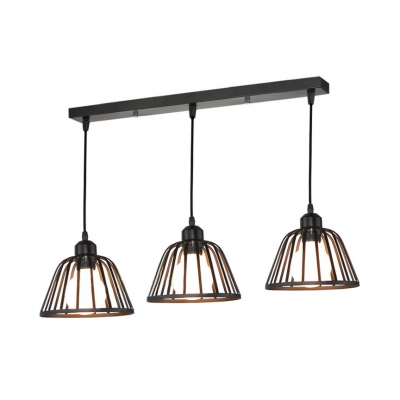 Cafe Dome Caged Pendant Light Metal 3 Lights Industrial Black Hanging Lamp with Linear/Round Canopy