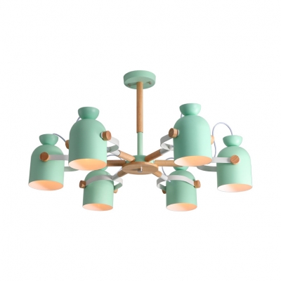 Contemporary Cup Shade Chandelier Wood 6 Lights Gray/Green Rotatable Pendant Light for Kid Bedroom