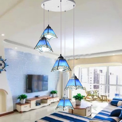 Craftsman/Bowl Study Room Pendant Light Stained Glass 5 Lights Nautical Style Hanging Light in Blue