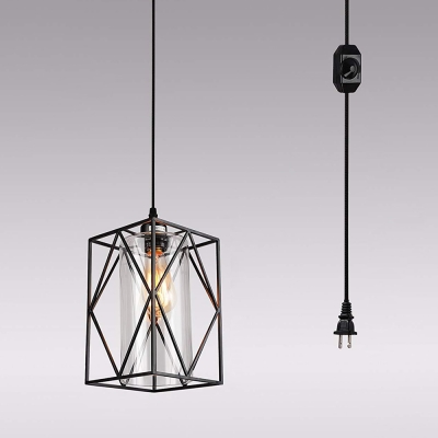 Cylinder Cafe Pendant Lamp with Cage & Plug-In Cord Clear Glass/Flax 1 Head Vintage Hanging Light in Black
