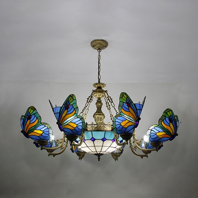 Dome Shade Ceiling Light with Butterfly 9 Lights Tiffany Style Rustic Stained Glass Chandelier for Villa