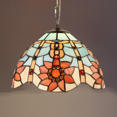 Dome Shade Hanging Light with Bloom Tiffany Rustic Pendant Light for Restaurant Living Room