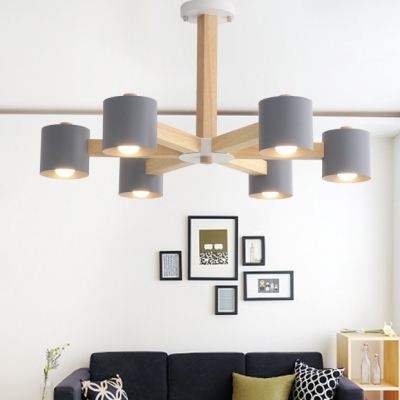 Drum Study Room Chandelier Wood 6/8 Lights Nordic Style LED Pendant Light in Gray/White/Yellow